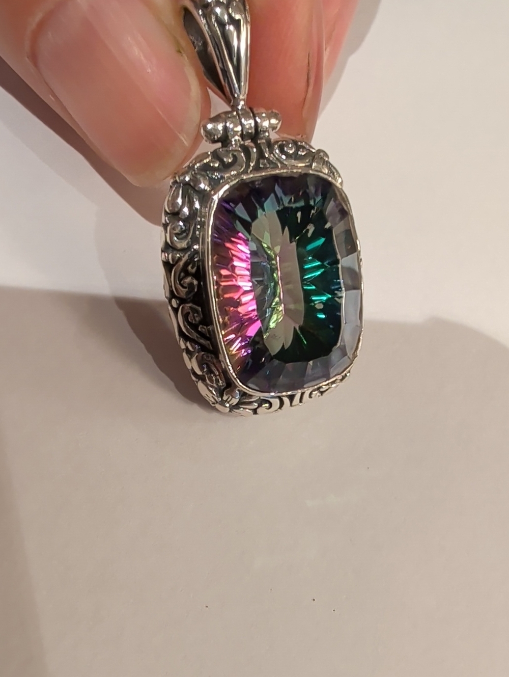 Large 13.5 Carat Cushion Cut Mystic Topaz Set In Sterling Silver Pendant